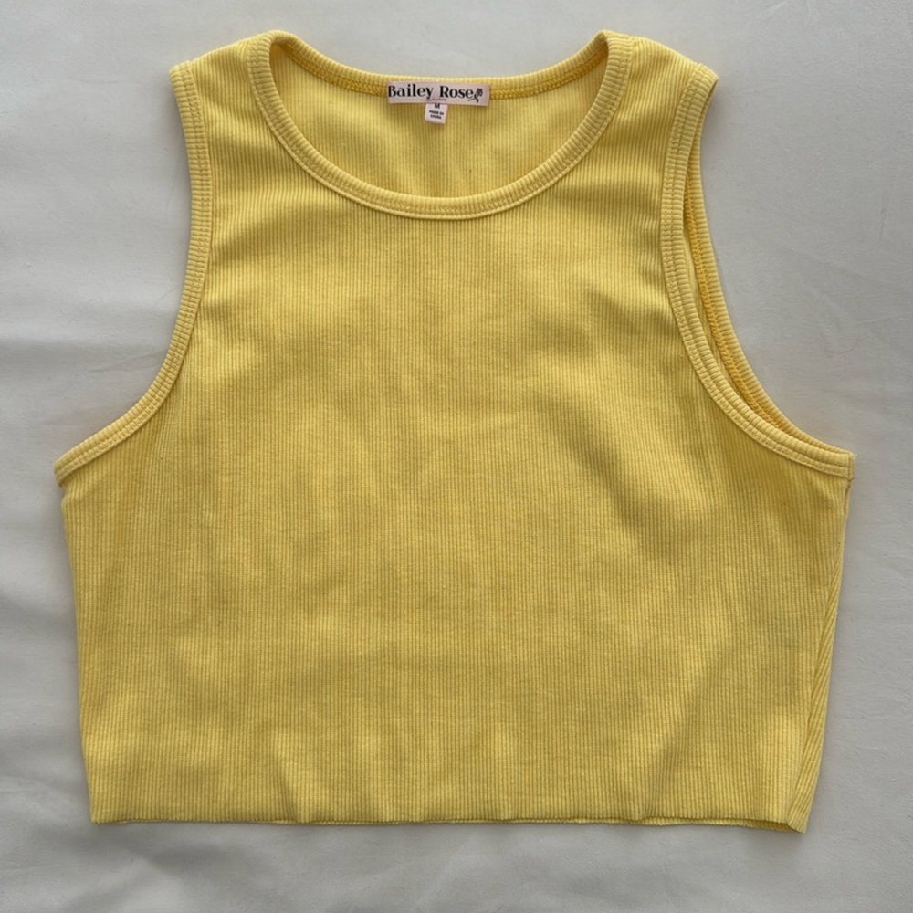 Yellow ribbed cropped racer back tank top